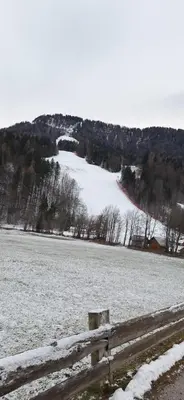 a snow covered field with a fence in front of it at Mountain spring in Kranjska Gora