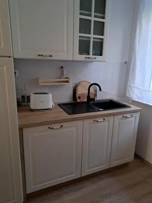 a kitchen with white cabinets and a sink at Mountain spring in Kranjska Gora