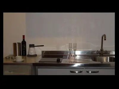 a kitchen with a sink and a counter with a bottle of wine at Domus Romanus in Ljubljana