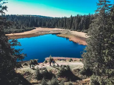a group of people standing around a lake at Apartment Bolfenk Pohorje - Forest nest in Pohorje