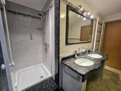 a bathroom with a sink and a shower and a mirror at At Granny's in Maribor