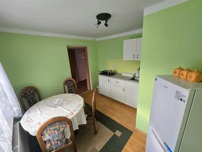 a kitchen with green walls and a table and a refrigerator at At Granny's in Maribor