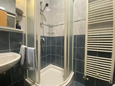 a bathroom with a shower and a sink at Apartma ROGATEC 2 in Rogatec