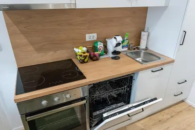 a kitchen counter with a sink and a stove at GOLDEN OASIS Free Private Parking in Ljubljana