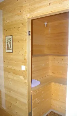 a sauna with a wooden wall at Vila Katarina in Hrastenica