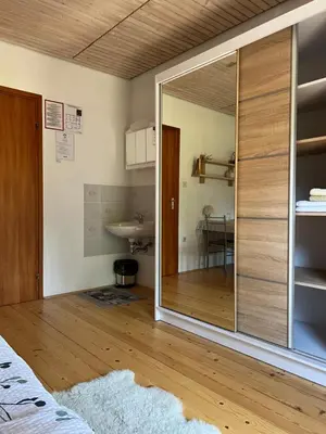 a bedroom with a sliding glass door and a sink at Gaj pod brezami in Luče