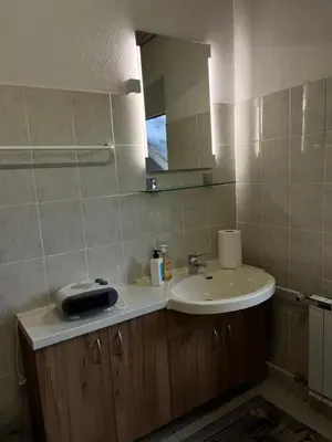 a bathroom with a sink and a mirror at Gaj pod brezami in Luče