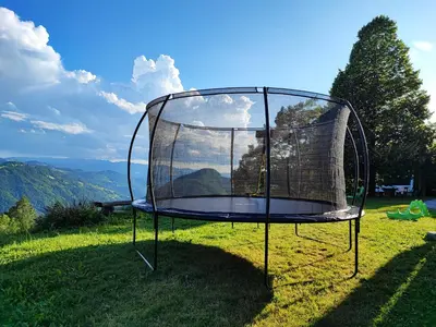 a bird cage sitting on top of a grass field at Domačija Za robom in Cerkno