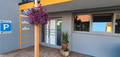 a pole with a potted plant in front of a building at Apartments Akacijev Izvir in Miklavž na Dravskem Polju