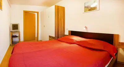 a bedroom with a bed with a red blanket at Apartments Shock in Cerkno