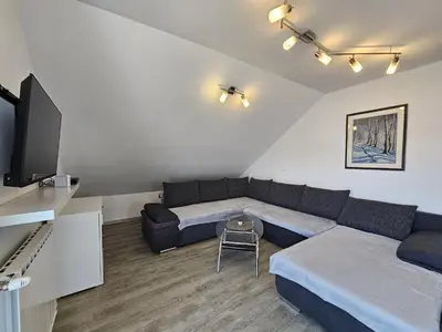 a living room with a couch and a tv at Green Hill Apartments in Žirovnica