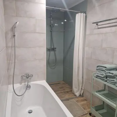 a bathroom with a shower and a white bath tub at Apartment Little Heaven in Zbilje