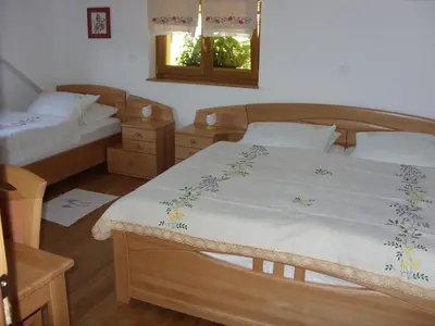 a bedroom with two beds and a window at Tourist Farm Ob izviru Krupe in Semič