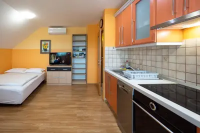a small room with a bed and a kitchen at Apartment Anja in Zreče