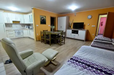 a living room with a bed and a dining room at Apartment Anja in Zreče