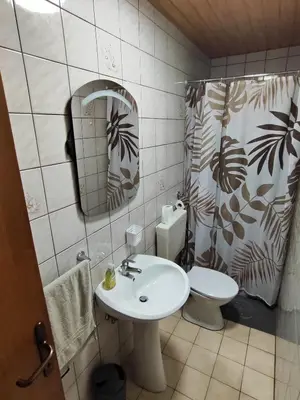 a bathroom with a sink and a toilet and a mirror at Apartma Marko Rogaška in Rogaška Slatina