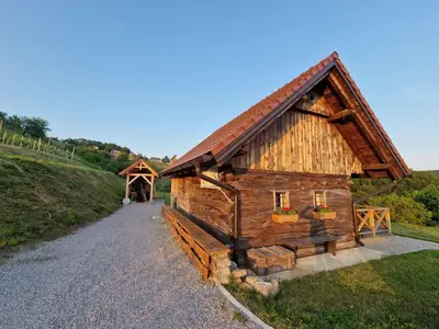 a log cabin with a pathway leading to a door at Cottage in Stara Gora 45720 in Debenec