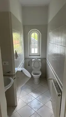 a bathroom with a toilet and a sink and a window at Riverbank - Mountain view in Radomlje