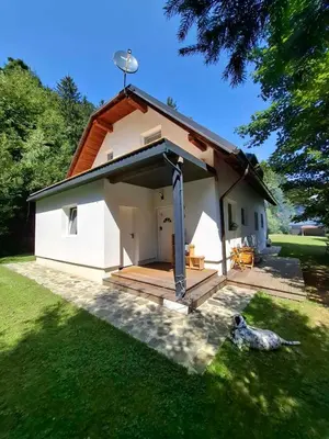 a small white building with a dog laying in the grass at apartma Pohorc - Praprot in Pohorje