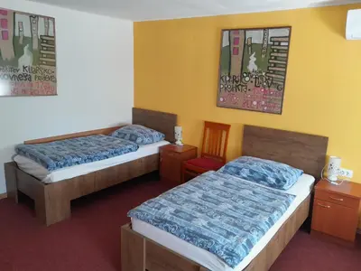 a hotel room with two beds and a chair at Hotel Pri Belokranjcu in Novo Mesto