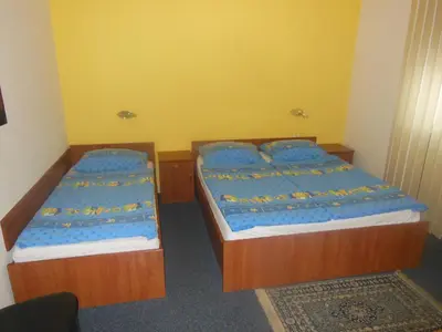 two beds in a small room with blue sheets at Hotel Pri Belokranjcu in Novo Mesto