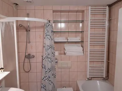 a bathroom with a shower and a toilet and a sink at Hotel Pri Belokranjcu in Novo Mesto
