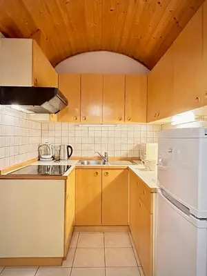 a kitchen with wooden cabinets and a white refrigerator at Al-Pine Apartment in Kranjska Gora