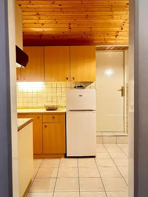 a kitchen with a white refrigerator and wooden cabinets at Al-Pine Apartment in Kranjska Gora