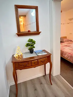 a table with a plant on it with a mirror at Al-Pine Apartment in Kranjska Gora