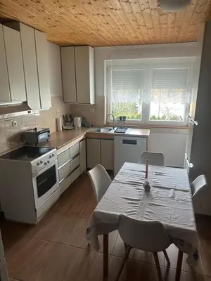 a kitchen with a table with chairs and a stove at Apartments Marja in Slovenj Gradec
