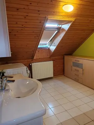 a bathroom with a sink and a skylight at Apartment Katja in Križe