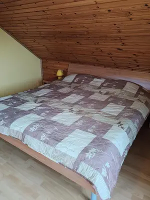 a bed in a room with a wooden ceiling at Apartment Katja in Križe