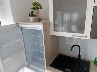 a kitchen with a sink in a refrigerator at 3 JABLANE apartmaji in Beltinci