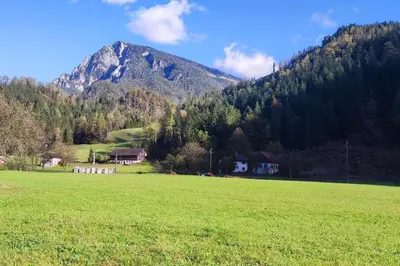 a large green field with a mountain in the background at Apartma Discovering Slovenia in Luče