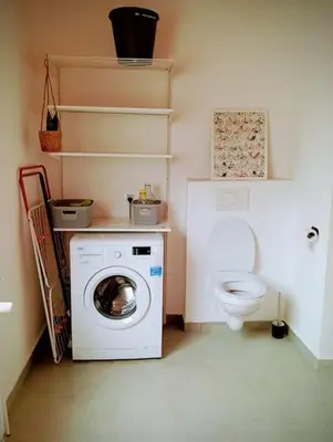 a bathroom with a washing machine and a toilet at Apartma Discovering Slovenia in Luče