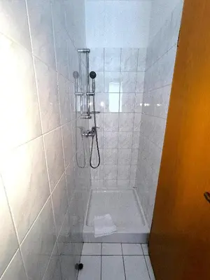 a bathroom with a shower with a bath tub at Uaštarie u Luogu in Cerkno