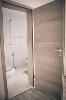 a bathroom with a wooden door leading to a toilet at Rosa Bed and Breakfast in Podgorje