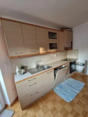a kitchen with a sink and a counter top at Apartma Aurora in Hraše