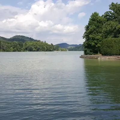 a large body of water with trees in the background at Apartma Tanja bike-friendly in Limbuš