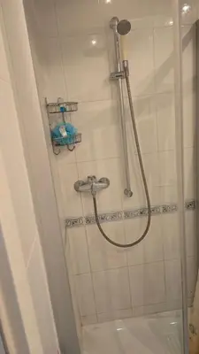 a shower in a bathroom with a shower at Garsonjera in Ljubljana