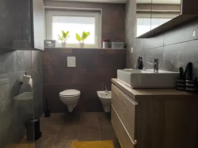 a bathroom with a sink and a toilet and a window at Apartma - Hiša Zofija in Slovenske Konjice