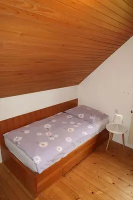 a bed in a room with a wooden ceiling at Cozzy cottage near Ljubljana in Višnja Gora