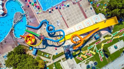 an overhead view of a water park with a water slide at Hotel Toplice - Terme Čatež in Čatež ob Savi