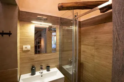 a bathroom with a sink and a shower at Alpine styled apartment in central BLED in Bled