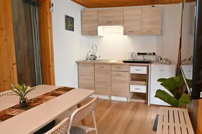 a kitchen with wooden cabinets and a table and chairs at Počitniška kamp hiška Miha, Terme 3000 - VKLJUČENI 2 KOPALNI KARTI in Moravske Toplice