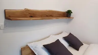 a shelf above a couch with pillows and a plant at Apartment HANI in Kranjska Gora