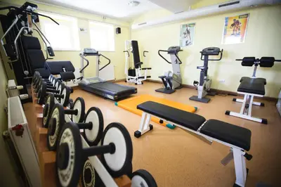 a gym with rows of exercise bikes and tread machines at Hotel Tisa Pohorje in Pohorje