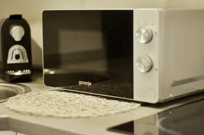 a microwave sitting on a kitchen counter with a paper towel at Apartments Rubis in Stožice