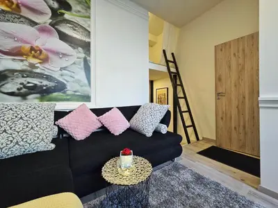 a living room with a black couch and pink pillows at Apartments Rubis in Stožice