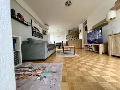 a living room with a couch and a tv at Pero cozy apartment in Ljubljana